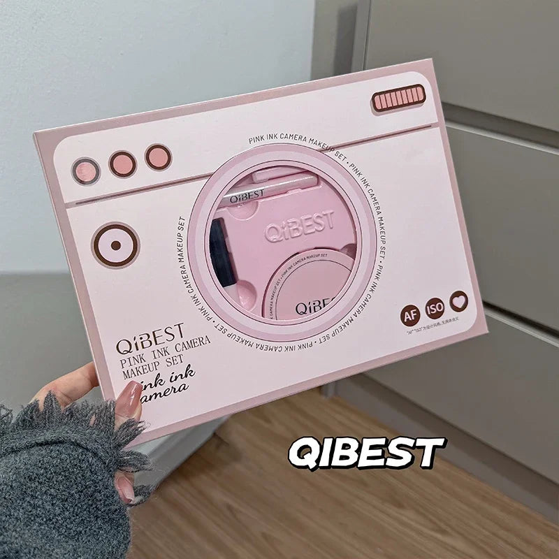 QIBEST 9PC Makeup Sets 4PC Lip Mud,1 Pressed Powder,1 Blush,1 Eyeliner,1 Mascara,1 Eyebrow Pencil Camera Look Cosmetics Kits